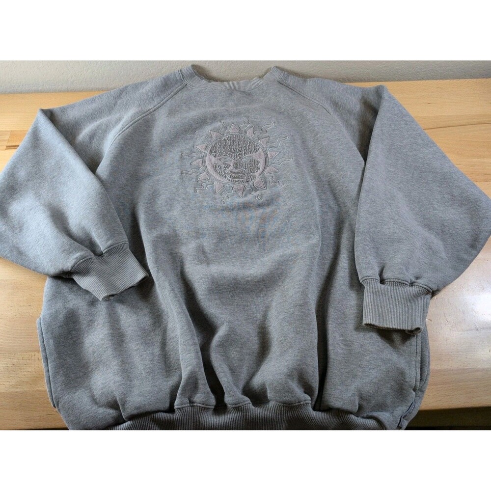 We R One Sweatshirt Gray Mens Large Y2K Sun Logo Streetwear Crewneck Pockets